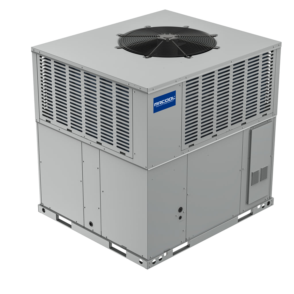 MRCOOL VersaPro packaged gas and air-conditioning unit — three-quarter view