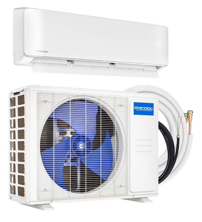 One white wall-mounted indoor air handler above one outdoor condenser, with a line set and cable visible behind the condenser. Catalog page 8. Family illustration, not exact kit contents.