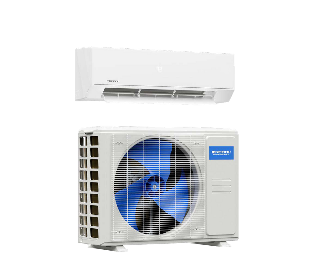 One white wall-mounted indoor air handler above one outdoor condenser. Catalog page 24. Family illustration, not exact kit contents.