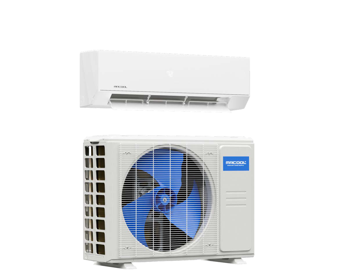 One white wall-mounted indoor air handler above one outdoor condenser. Catalog page 24. Family illustration, not exact kit contents.
