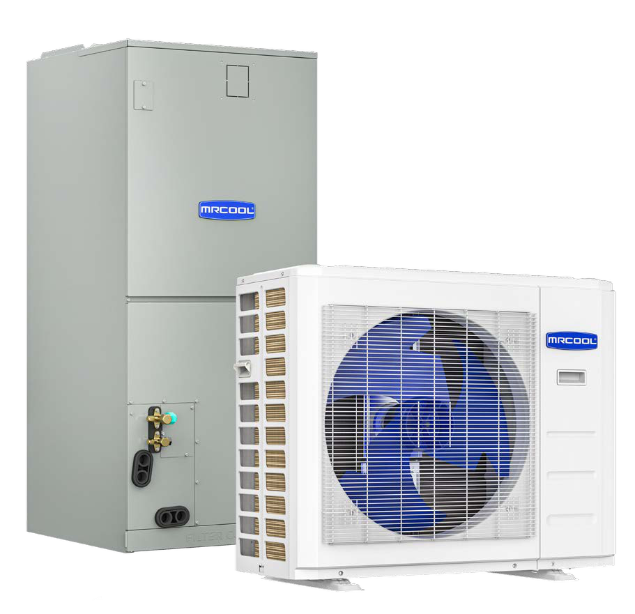 One ducted indoor air handler and one outdoor condenser. Catalog page 32. Family illustration, not exact kit contents.