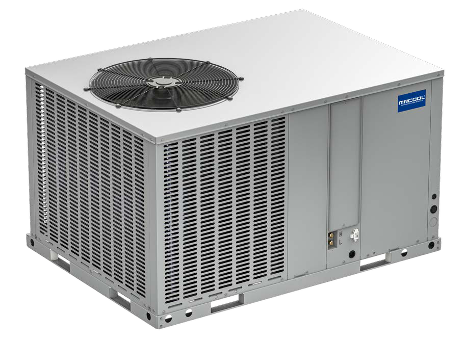 One all-in-one packaged heat pump unit with a top fan and rectangular cabinet. Catalog page 44. Family illustration, not exact kit contents.